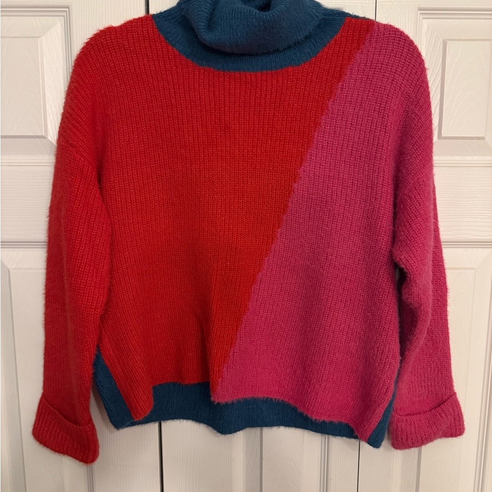 Colorblock Turtleneck Sweater - Red, Pink, and Blue